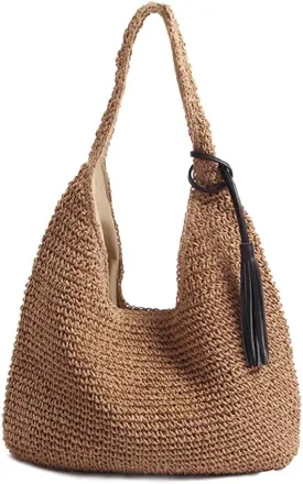 Hand-woven Soft Large Straw Shoulder Bag with Black Tassels Boho Straw Handle Tote Retro Summer Beach Bag Rattan Handbag