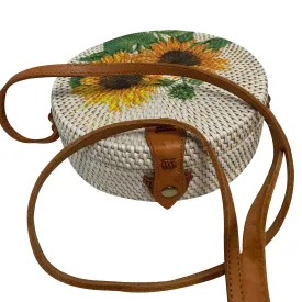 Handmade Boho Rattan Bali Crossbody Bohemian Straw Purse Round Eco Friendly Bag With Sunflower Design #8