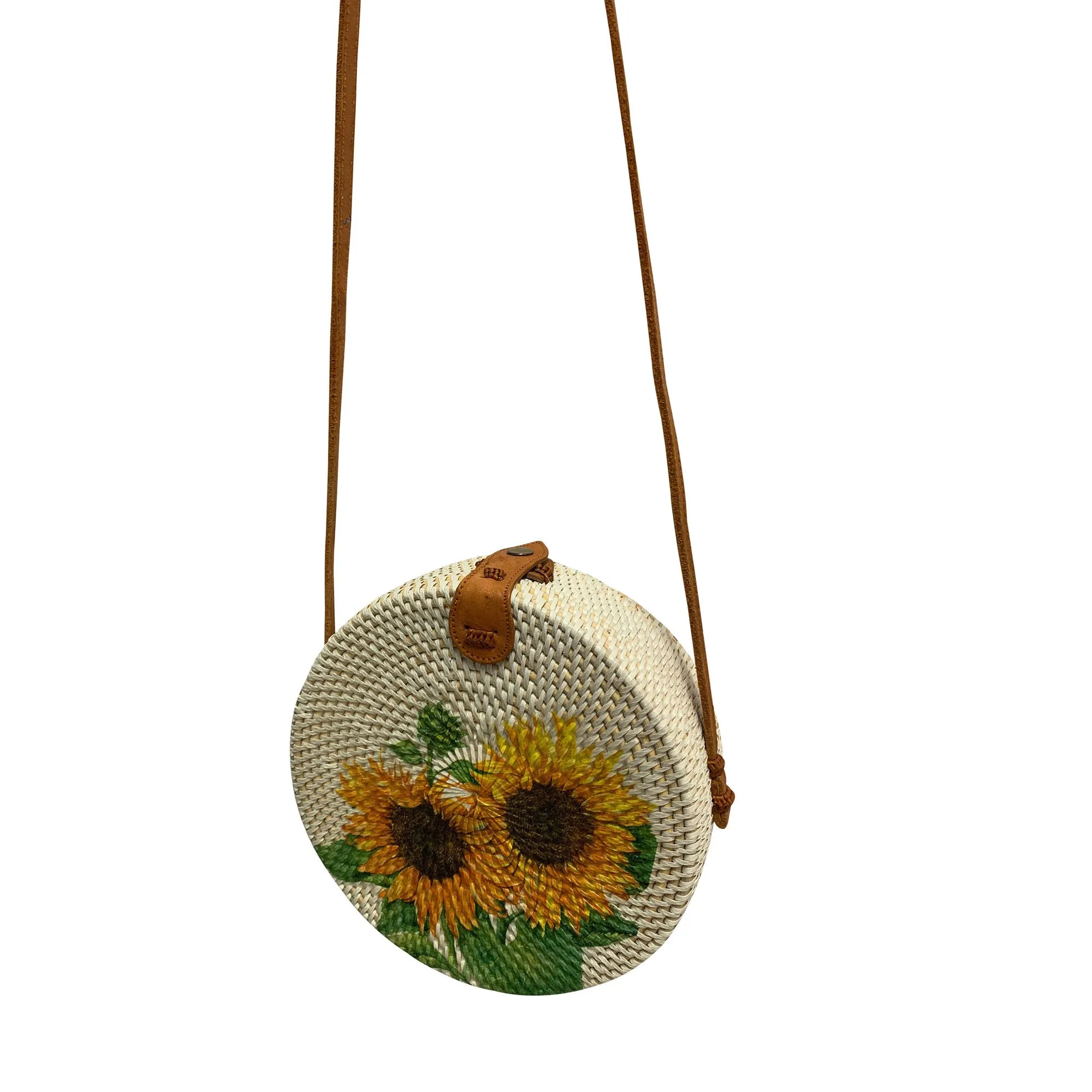 Handmade Boho Rattan Bali Crossbody Bohemian Straw Purse Round Eco Friendly Bag With Sunflower Design #8