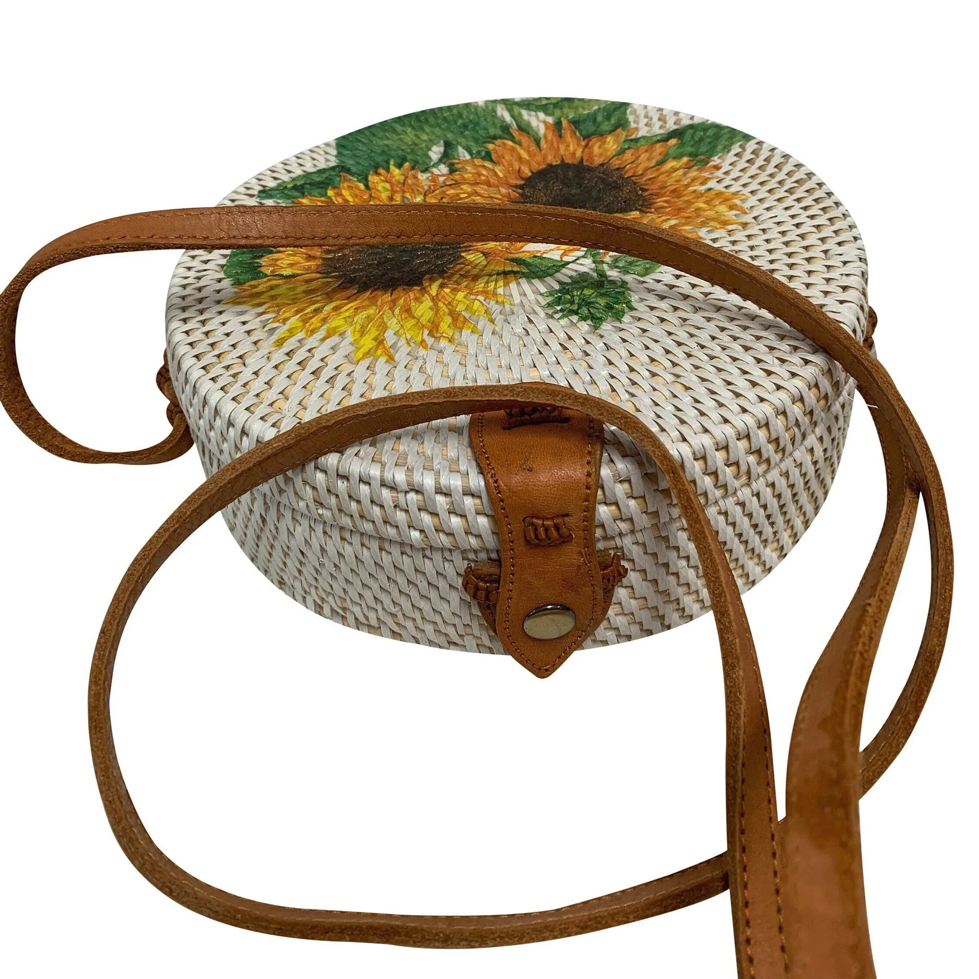 Handmade Boho Rattan Bali Crossbody Bohemian Straw Purse Round Eco Friendly Bag With Sunflower Design #8
