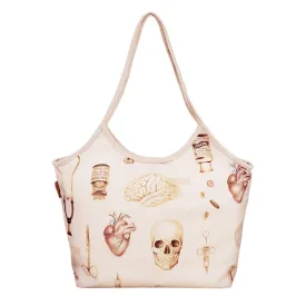 high-capacity medical art velvet tote bag, medical student gift, physician doctor nurse anatomy gift, skull, heart, brain, syringe, bone
