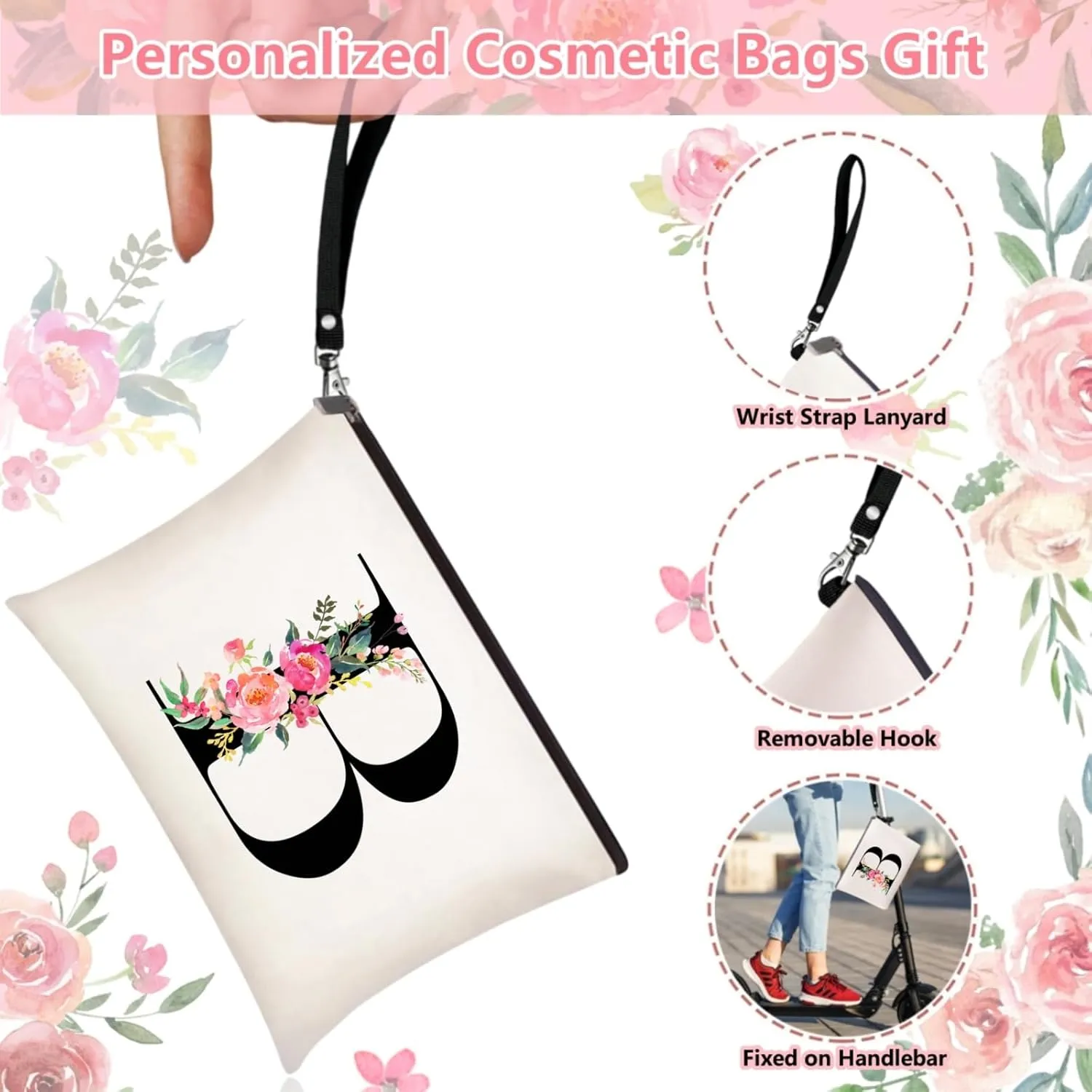 Initial Canvas Tote Bag for Women, Personalized Monogrammed Tote Bags with Makeup Gift Bag for Wedding Bridesmaids Birthday