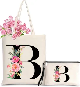 Initial Canvas Tote Bag for Women, Personalized Monogrammed Tote Bags with Makeup Gift Bag for Wedding Bridesmaids Birthday