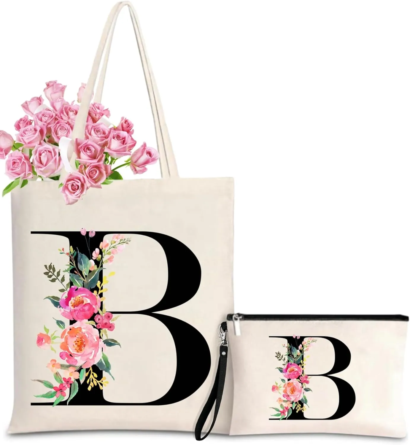 Initial Canvas Tote Bag for Women, Personalized Monogrammed Tote Bags with Makeup Gift Bag for Wedding Bridesmaids Birthday