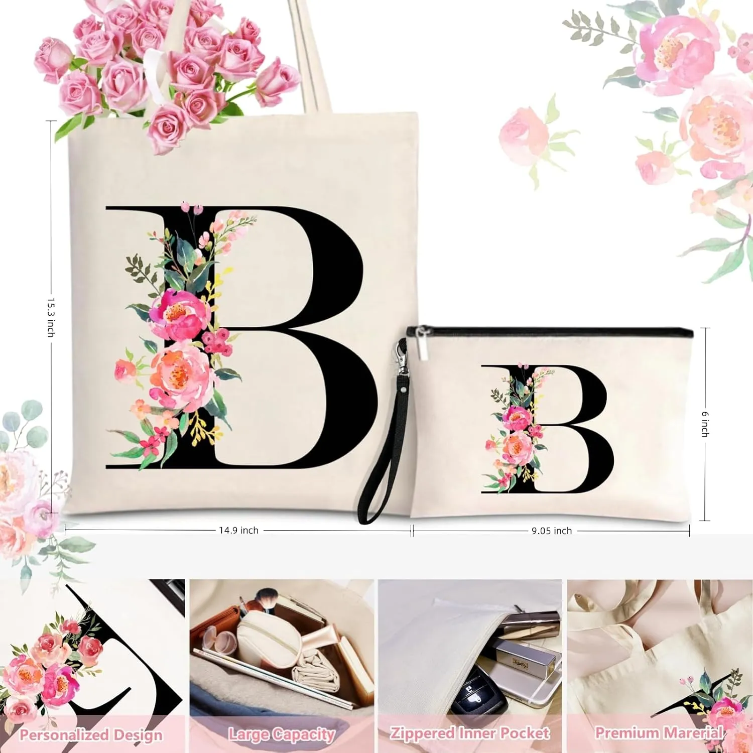 Initial Canvas Tote Bag for Women, Personalized Monogrammed Tote Bags with Makeup Gift Bag for Wedding Bridesmaids Birthday