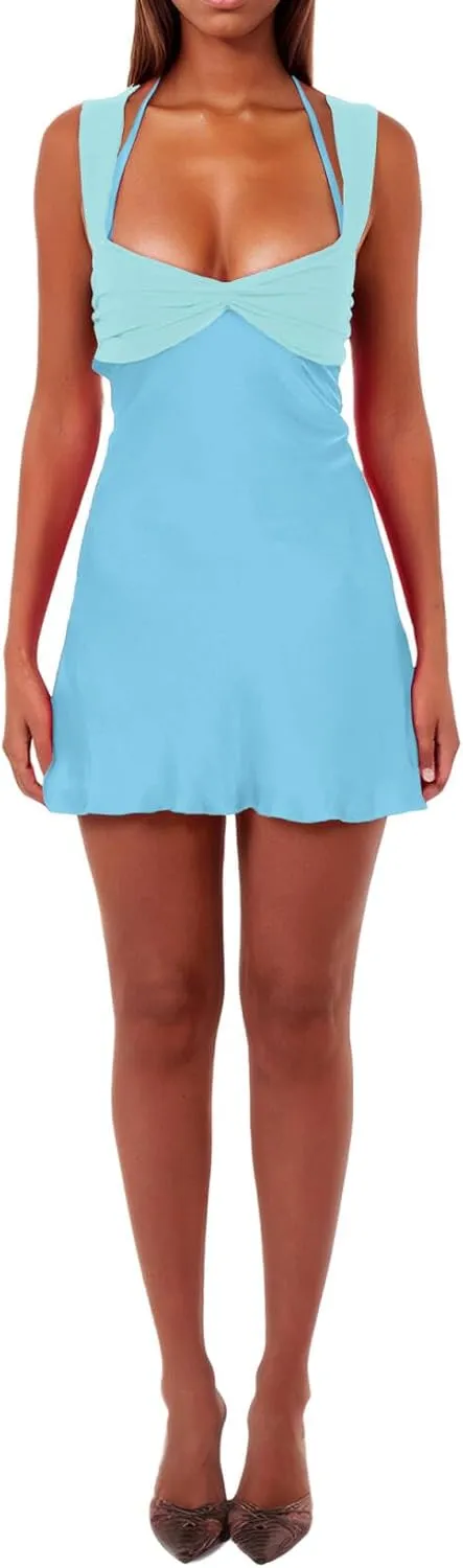 ISZPLUSH Womens Mini Dress Patchwork Sleeveless Strapless Lace Up High Waist A-line Elegant Party Clubwear Short Dress
