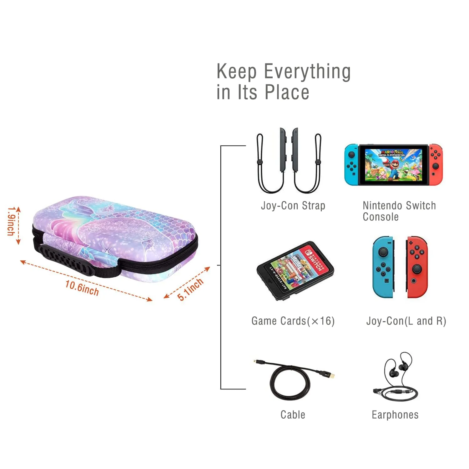 Lokigo Carry Case Compatible for Nintendo Switch/Switch OLED, Protective Travel Switch Carrying Case Boys Girls with 16 Game Card Slots for Console & Accessories, Mermaid Tail
