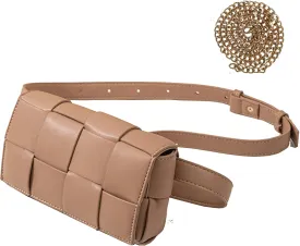 Mini Woven Lether Purse Crossbody, Waist Pack Bag with Adjustable Belt, Fanny Packs Purse, Shoulder Handbags (Khaki)
