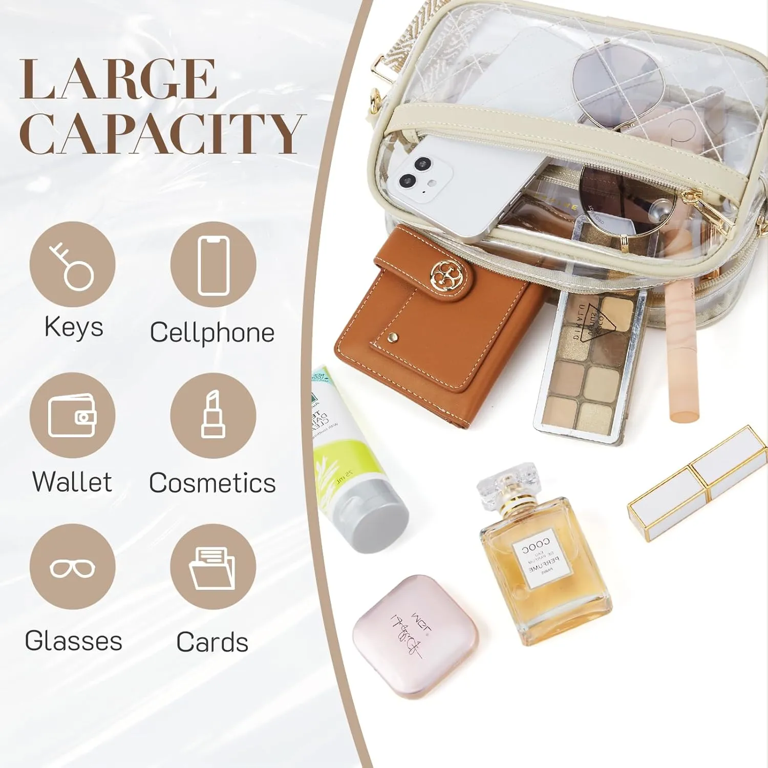 Missnine Clear Bag for Stadium Events Quilted Clear Purse for Women Stadium Approved PVC Crossbody Concert Bag
