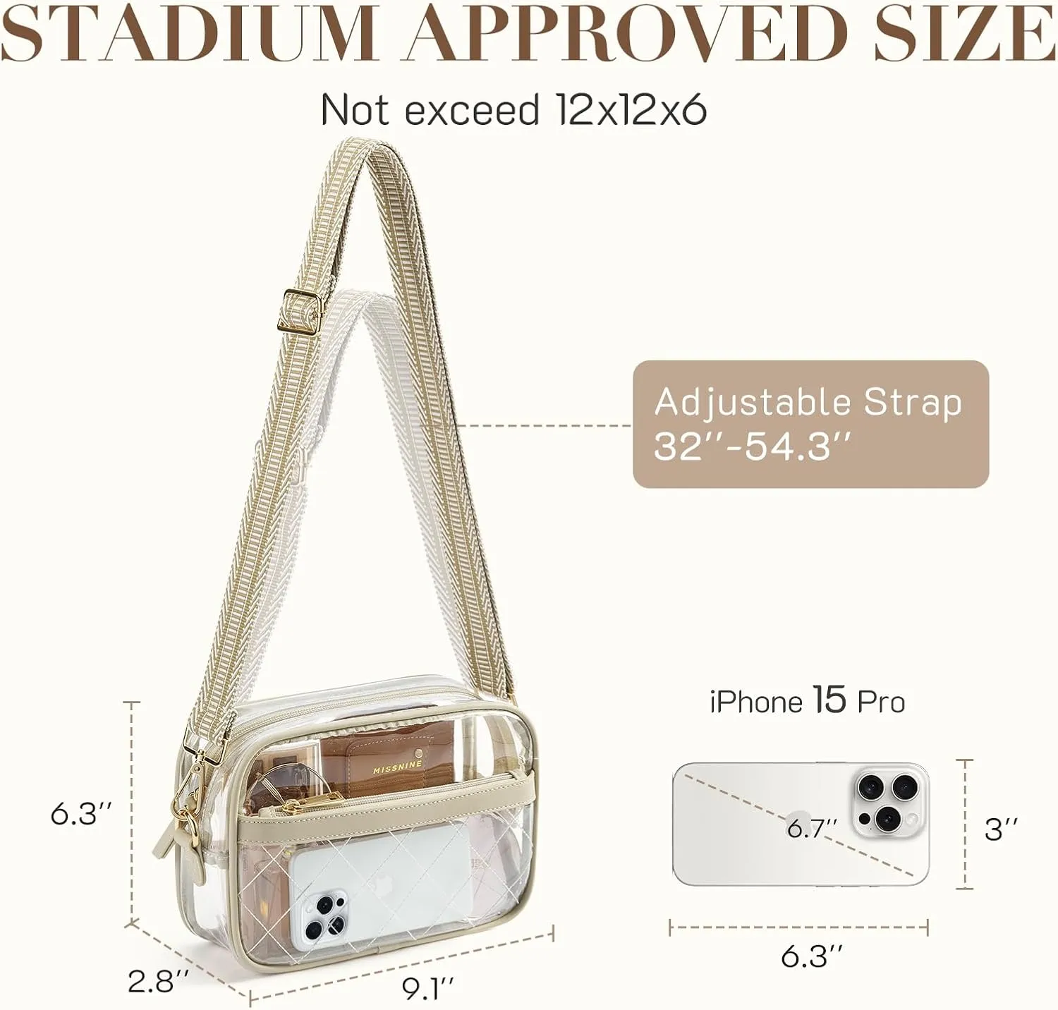 Missnine Clear Bag for Stadium Events Quilted Clear Purse for Women Stadium Approved PVC Crossbody Concert Bag