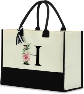 Monogrammed Tote Bags Floral Letter Initial Bag Personalized Beach Bag Monogrammed Gifts for Women Bridesmaids Wedding