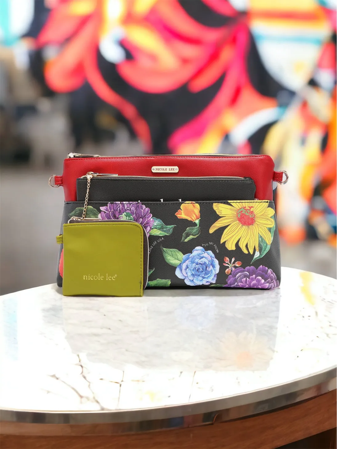 Nicole Lee USA Printed Handbag with Three Pouches