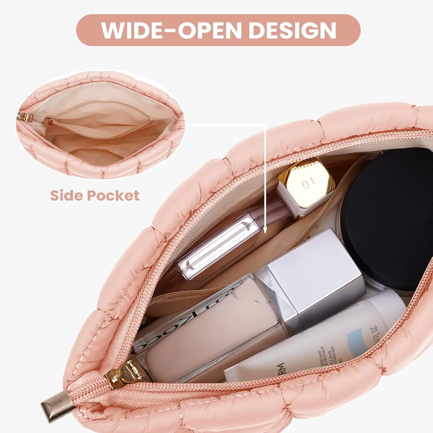 Puffy Quilted Makeup Bag Cosmetic Bags Travel Cute Puffer Solid Toiletry Organizer Pouch Storage Clutch for Women