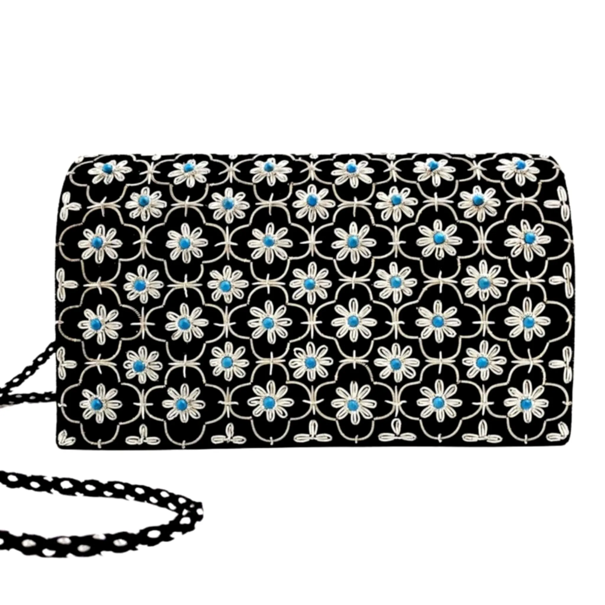 Quatrefoil Embroidered Velvet Clutch Bag