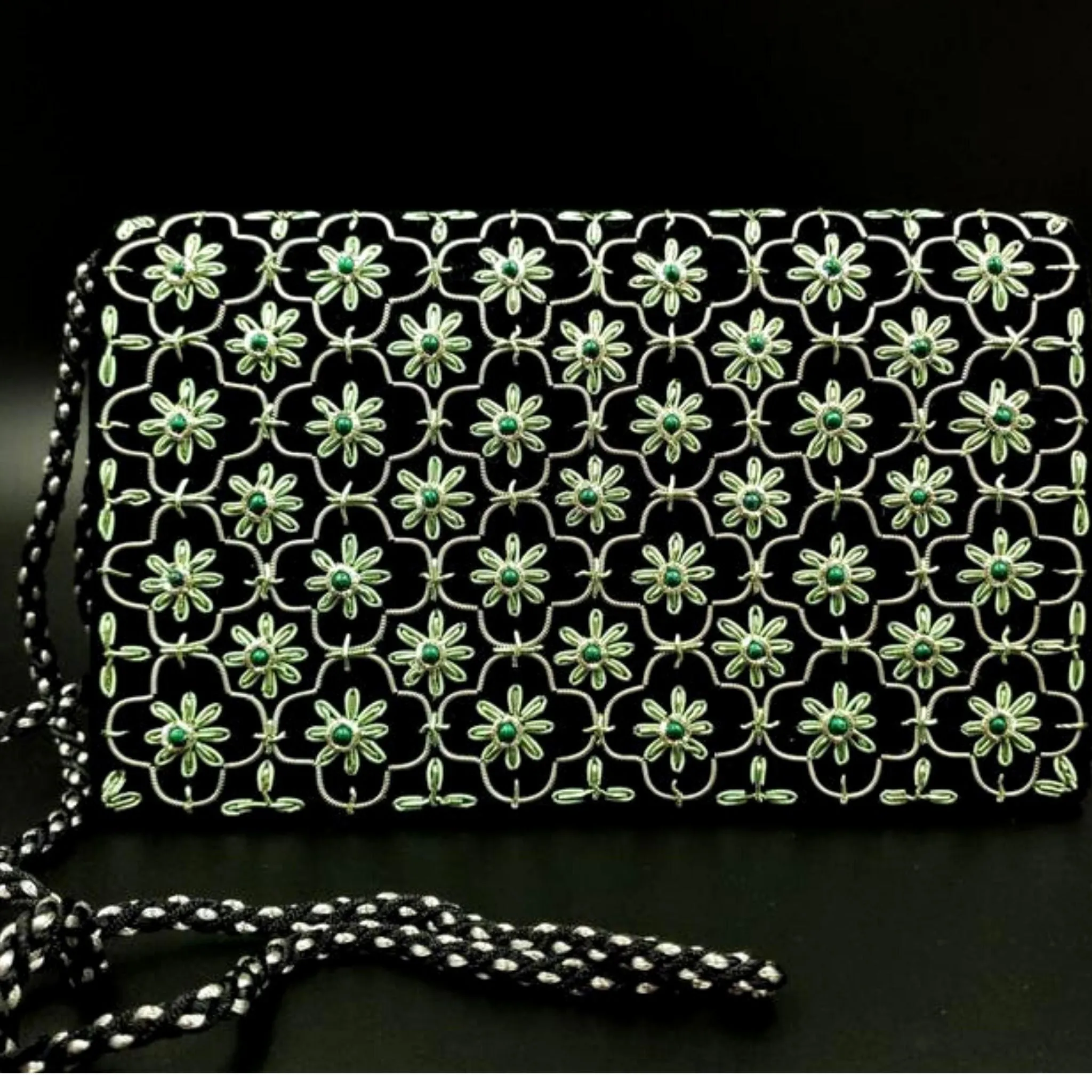 Quatrefoil Embroidered Velvet Clutch Bag