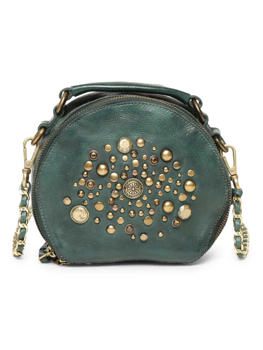 Rivet & Concho: The Statement Emerald Green Round Shape Crossbody By Art N Vintage