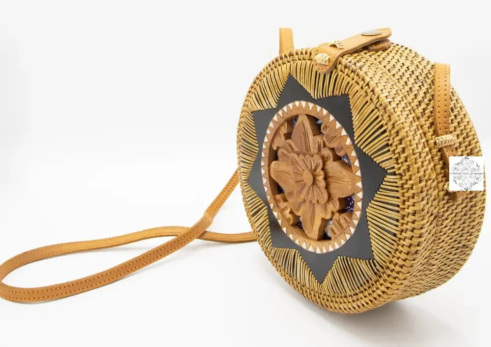 Round Ata Straw Shoulder Bag with Carving and Long Strap - 2 Styles