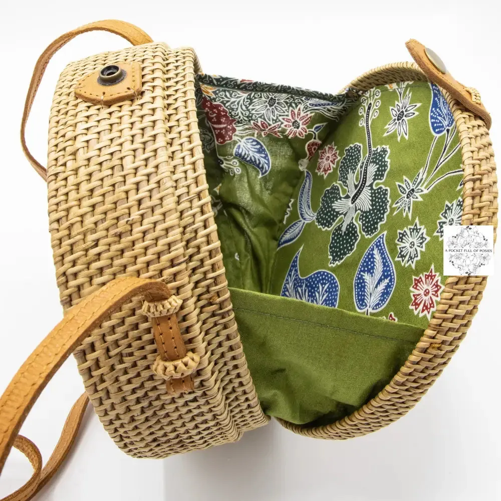 Round Ata Straw Shoulder Bag with Carving and Long Strap - 2 Styles