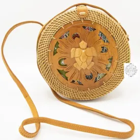 Round Ata Straw Shoulder Bag with Carving and Long Strap - 2 Styles