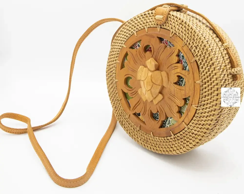 Round Ata Straw Shoulder Bag with Carving and Long Strap - 2 Styles
