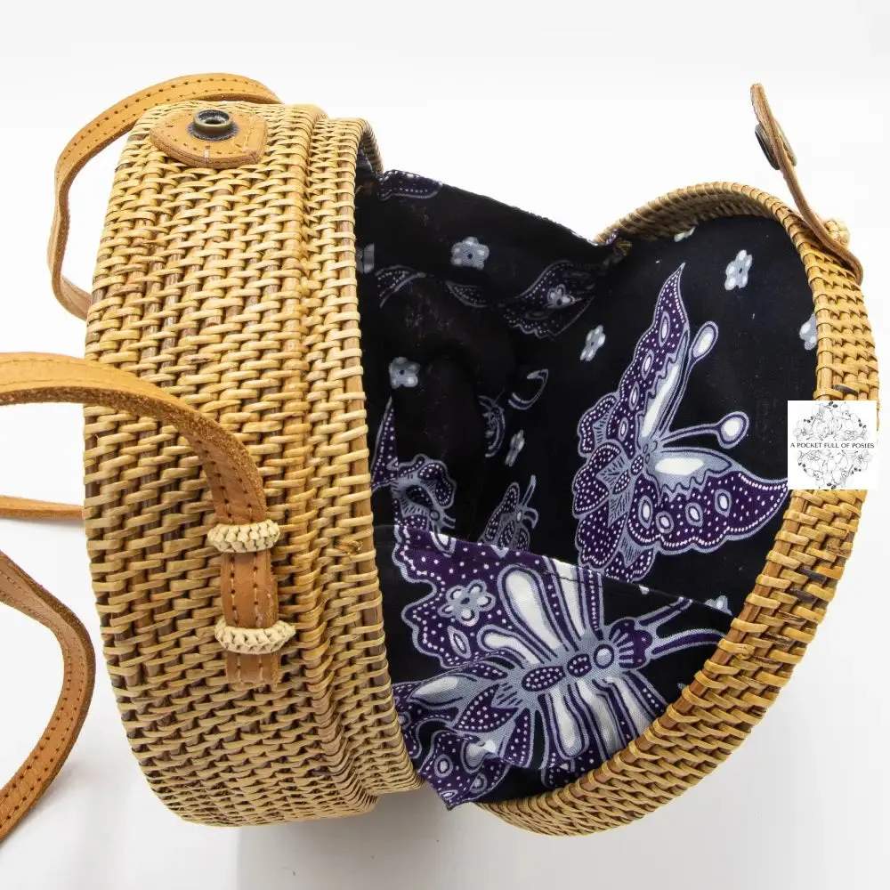 Round Ata Straw Shoulder Bag with Carving and Long Strap - 2 Styles