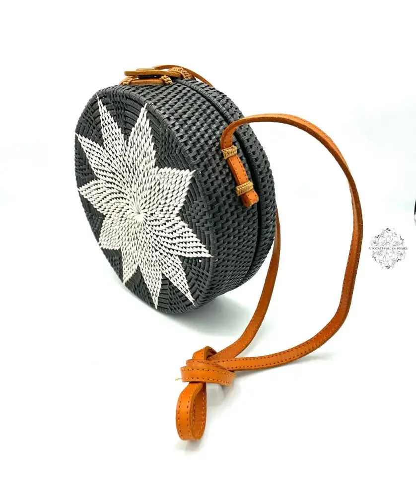 SOLD OUT-Ata Straw Round Bag with White Star Pattern