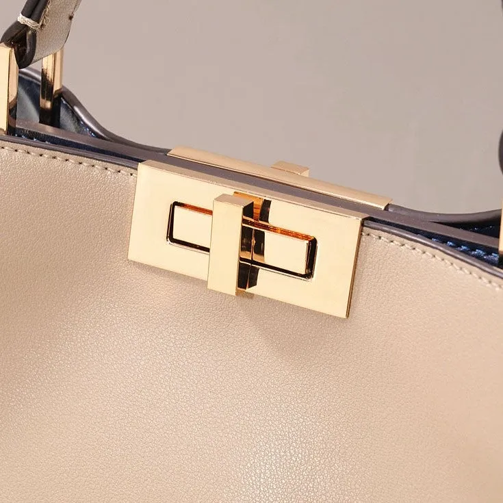 The Amy | White Leather Top Handle Middle-Size Satchel Metal Lock Shoulder Bags