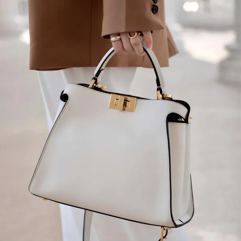 The Amy | White Leather Top Handle Middle-Size Satchel Metal Lock Shoulder Bags
