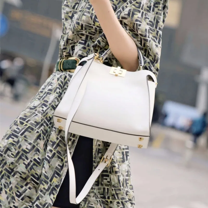 The Amy | White Leather Top Handle Middle-Size Satchel Metal Lock Shoulder Bags