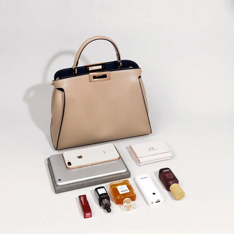 The Amy | White Leather Top Handle Middle-Size Satchel Metal Lock Shoulder Bags
