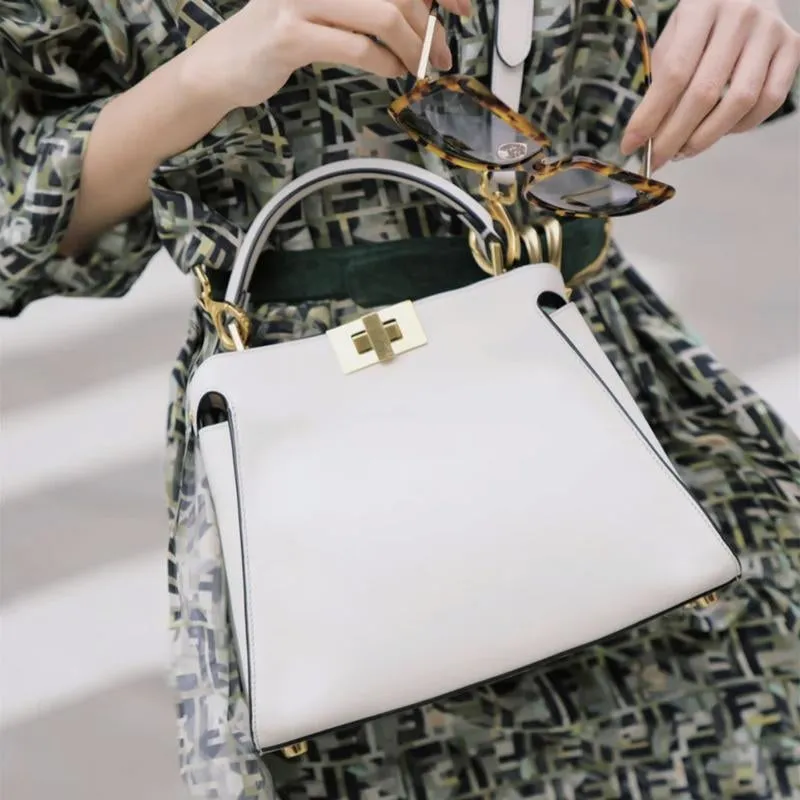 The Amy | White Leather Top Handle Middle-Size Satchel Metal Lock Shoulder Bags