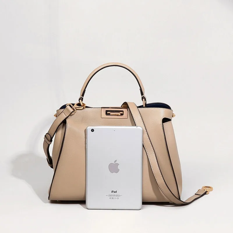 The Amy | White Leather Top Handle Middle-Size Satchel Metal Lock Shoulder Bags