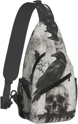 The-Raven And Skull Sling Backpack Hiking Backpack Crossbody Bag Sports Lightweight And Durable Chest Bag Shoulder Bag For Women Men