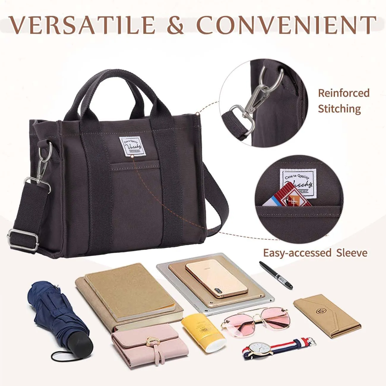 VASCHY Canvas Tote bag, Casual Reusable Work Totes for Women Teachers with Zippers Pockets Crossbody Shoulder Bag Purse