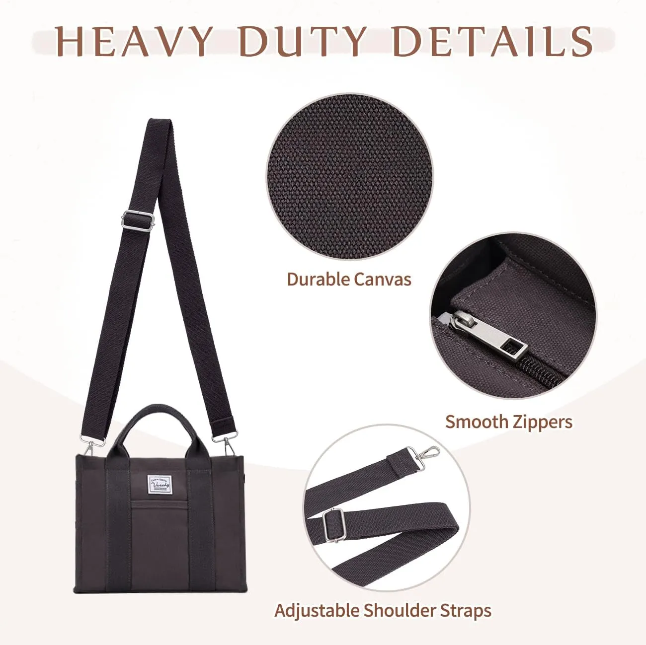VASCHY Canvas Tote bag, Casual Reusable Work Totes for Women Teachers with Zippers Pockets Crossbody Shoulder Bag Purse