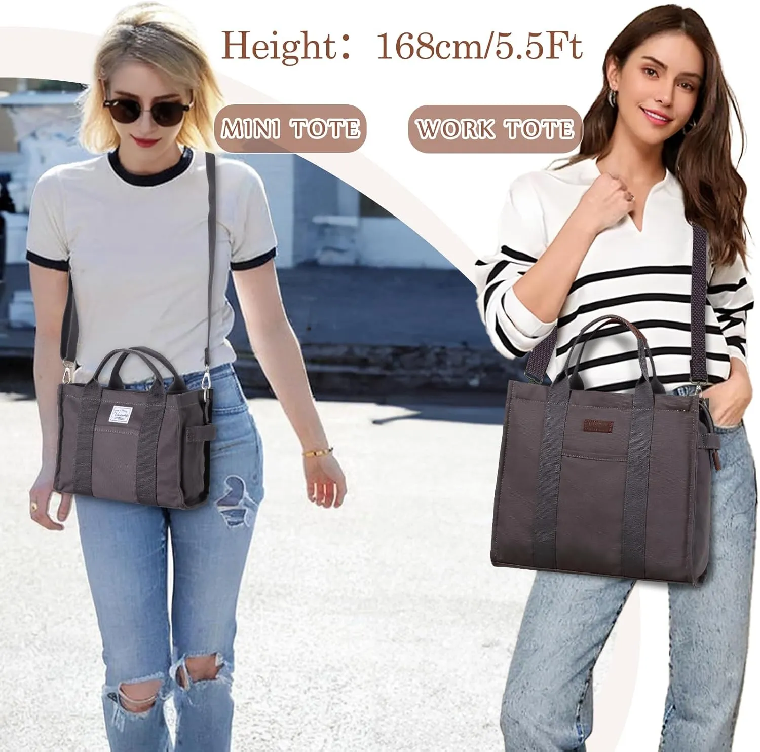 VASCHY Canvas Tote bag, Casual Reusable Work Totes for Women Teachers with Zippers Pockets Crossbody Shoulder Bag Purse