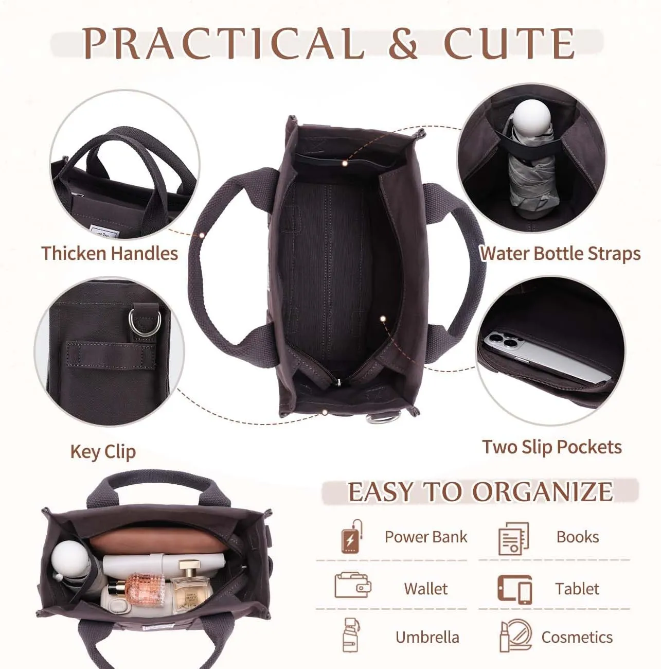 VASCHY Canvas Tote bag, Casual Reusable Work Totes for Women Teachers with Zippers Pockets Crossbody Shoulder Bag Purse