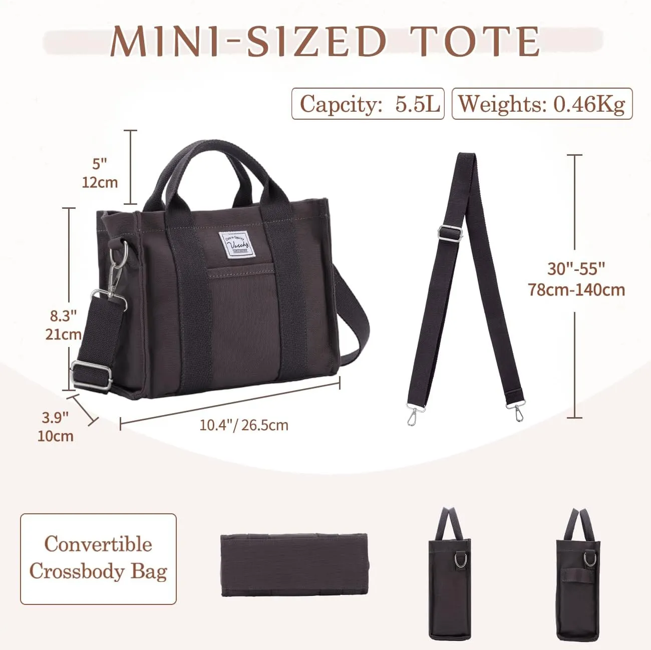 VASCHY Canvas Tote bag, Casual Reusable Work Totes for Women Teachers with Zippers Pockets Crossbody Shoulder Bag Purse