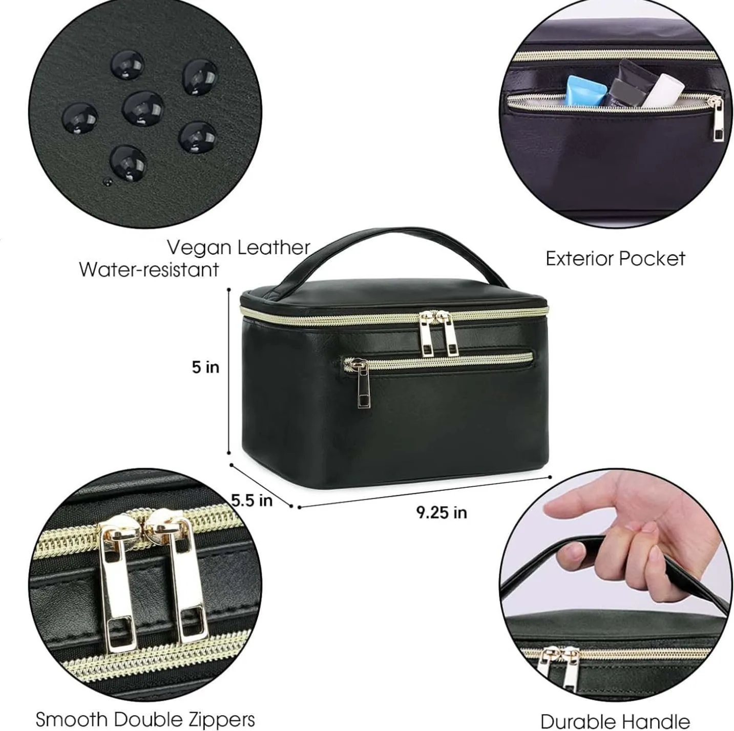 Wandering Nature Makeup Bag, Travel Make Up Organizer Cosmetic Brush Bags Case for Women in Vegan Leather, Black, Patent Pending