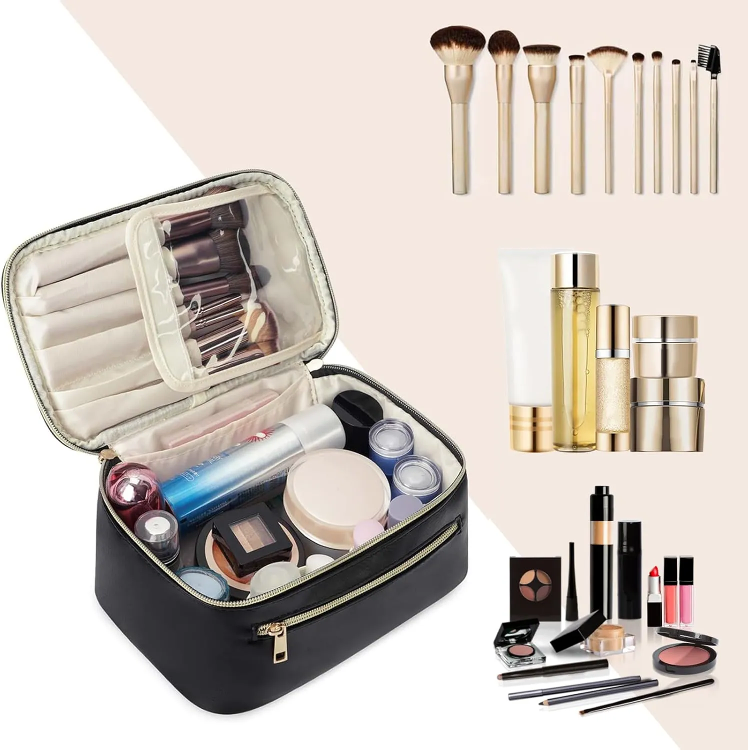 Wandering Nature Makeup Bag, Travel Make Up Organizer Cosmetic Brush Bags Case for Women in Vegan Leather, Black, Patent Pending