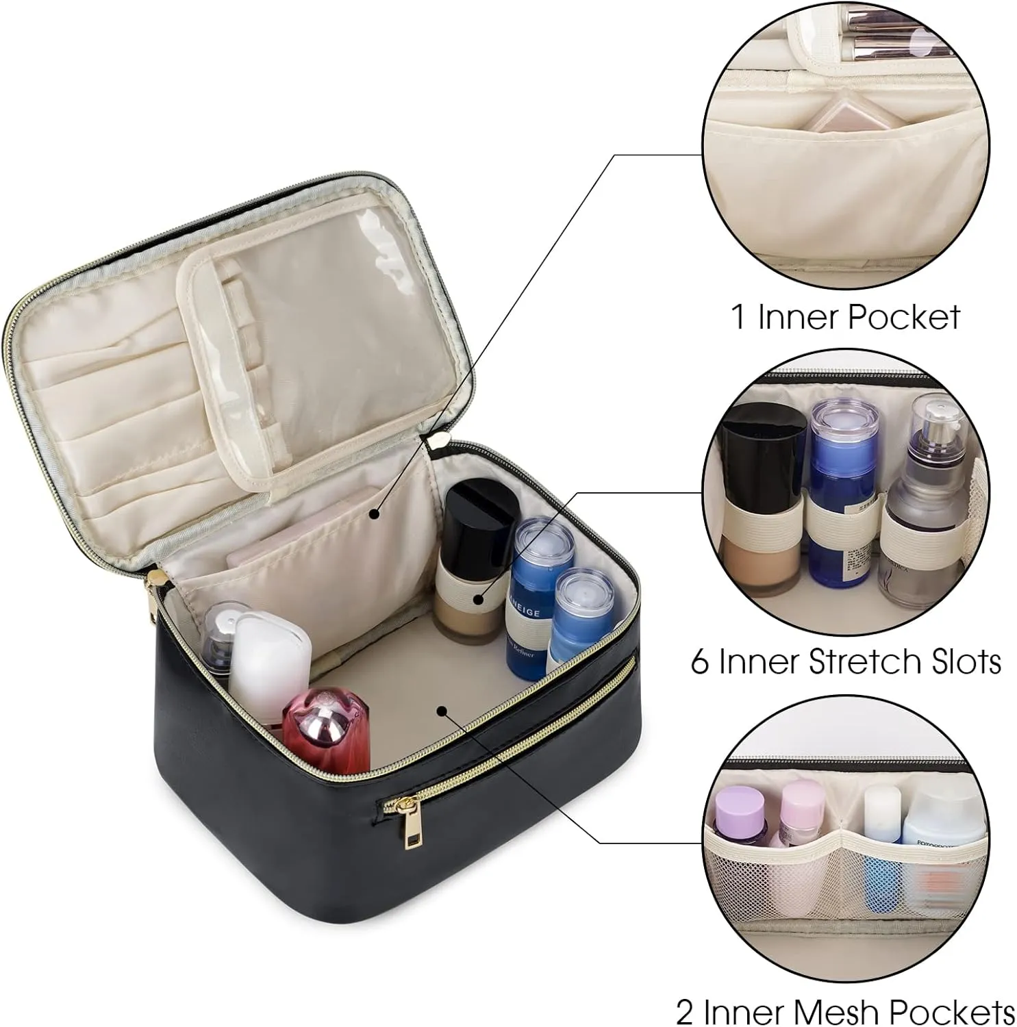 Wandering Nature Makeup Bag, Travel Make Up Organizer Cosmetic Brush Bags Case for Women in Vegan Leather, Black, Patent Pending
