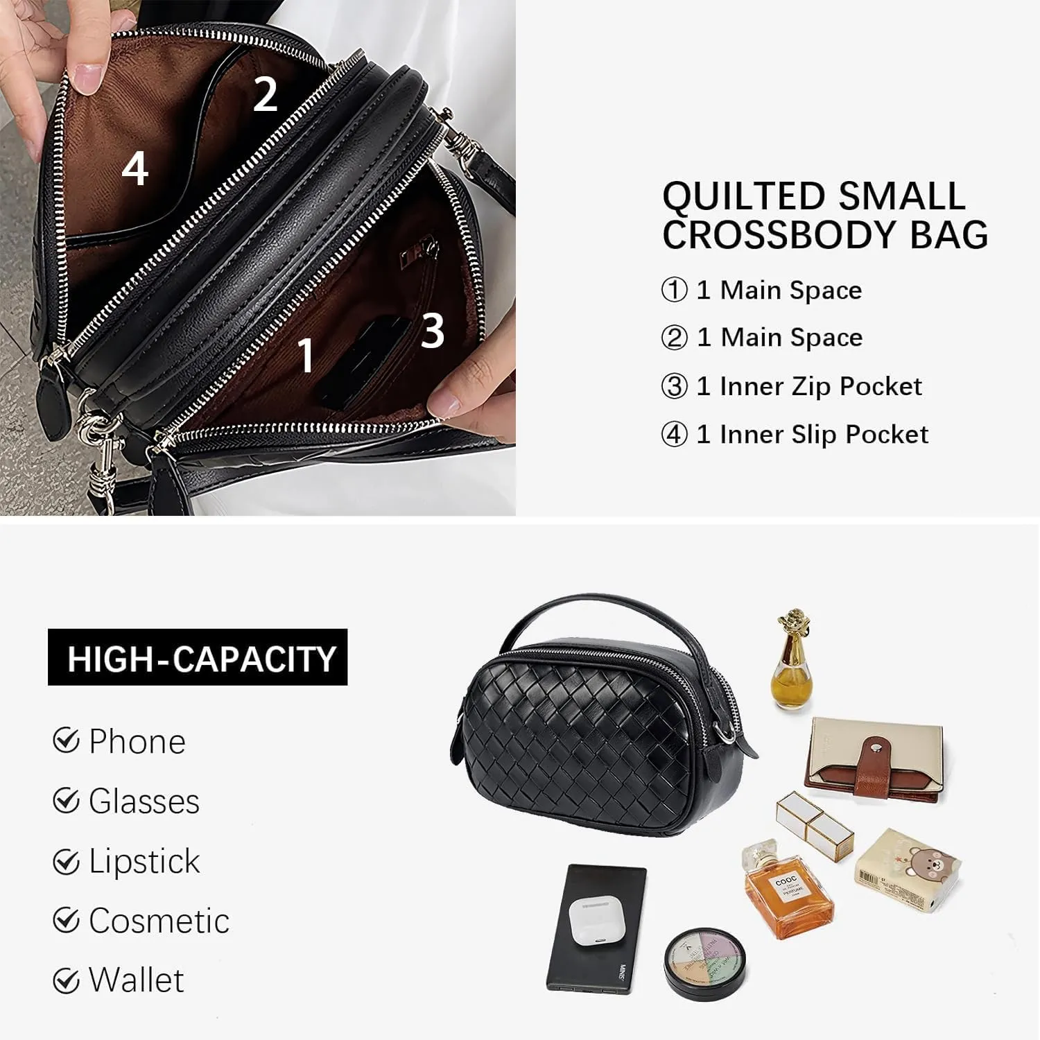 Women's Genuine Leather Crossbody Bag - Small Adjustable Strap Woven Purse, Multi-Pocket Handbag for Everyday Use