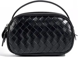 Women's Genuine Leather Crossbody Bag - Small Adjustable Strap Woven Purse, Multi-Pocket Handbag for Everyday Use