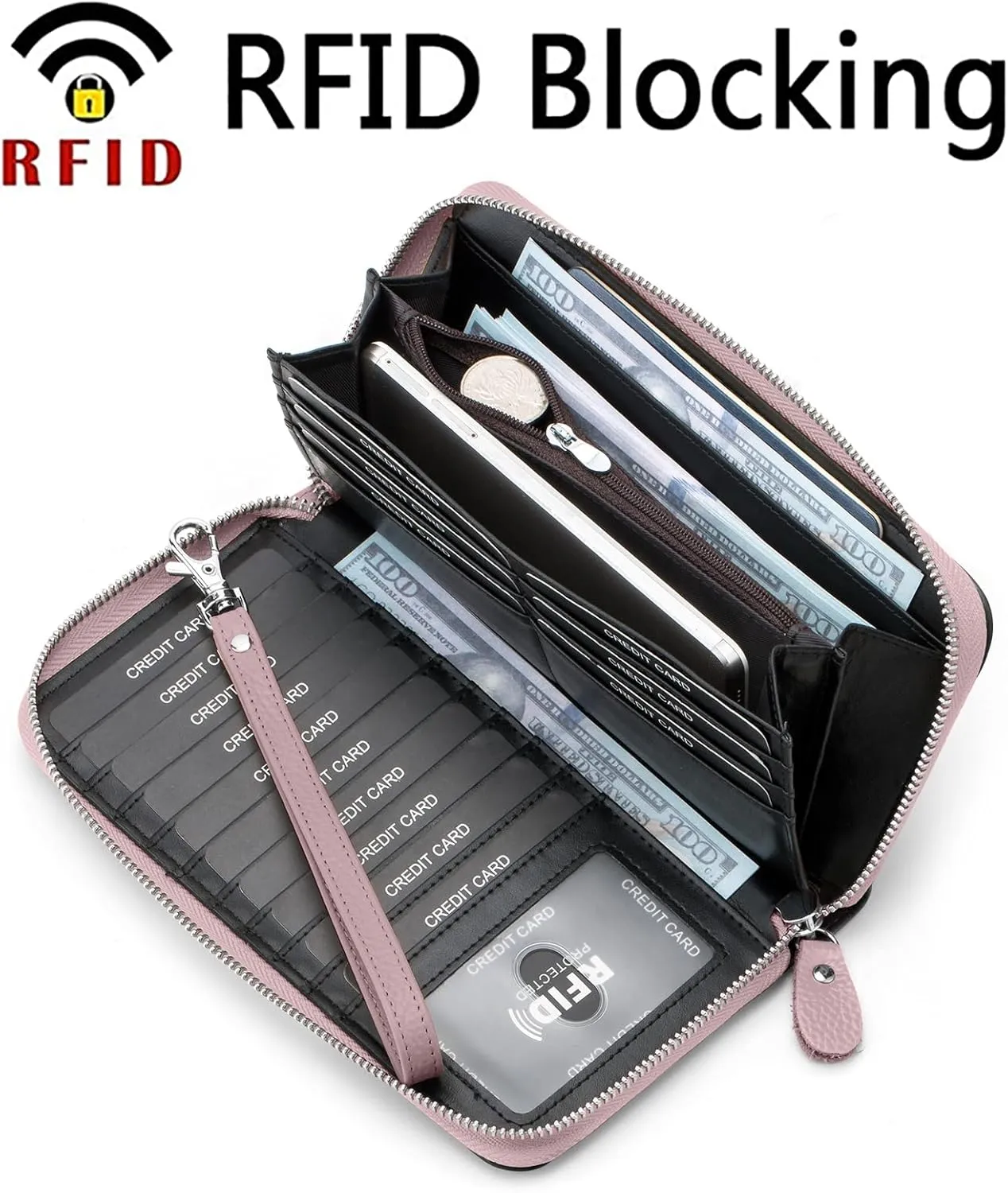 Womens Wallet RFID Blocking Genuine Leather Multi Credit Card Large Capacity Zip Around Clutch Travel Purse Wristlet