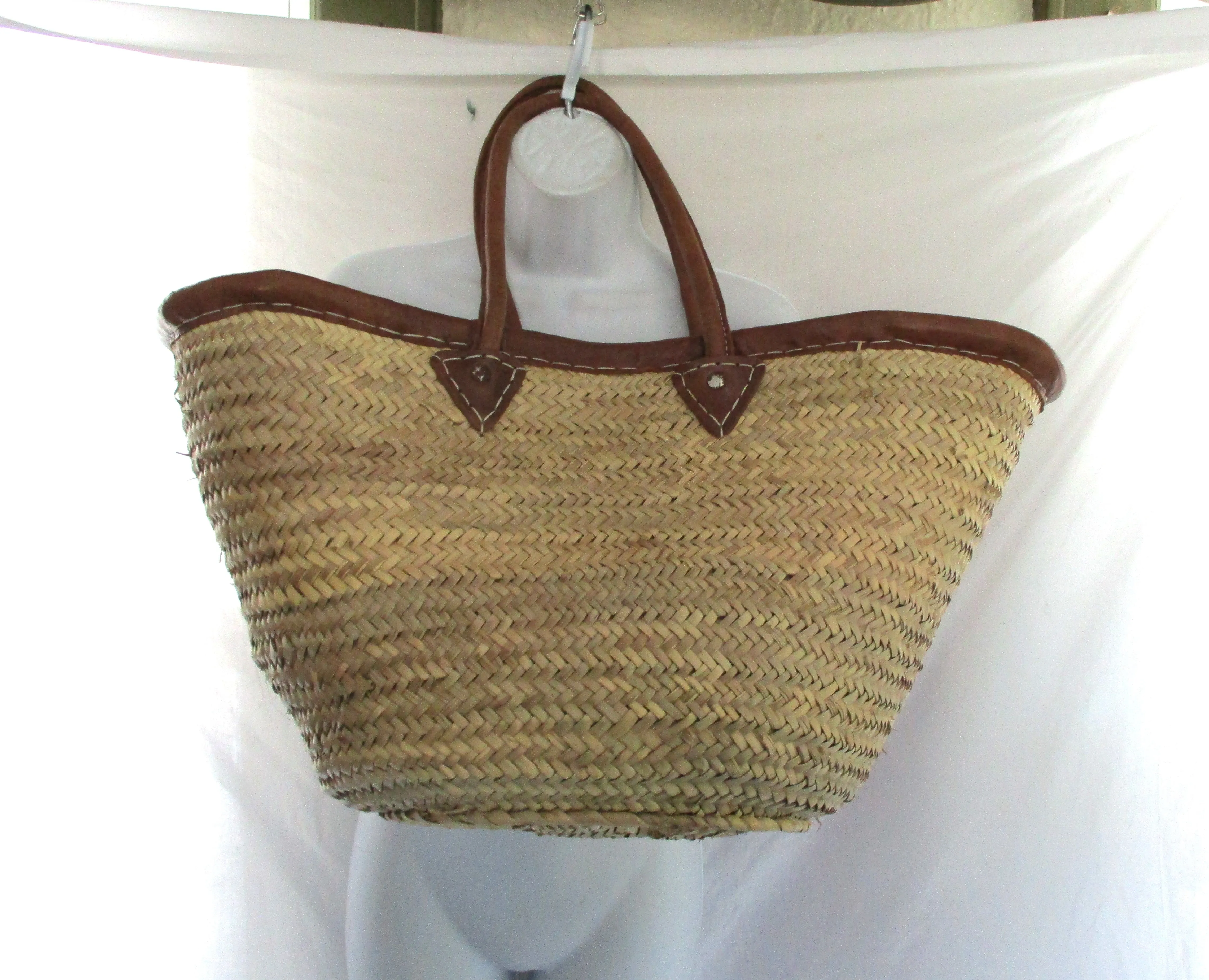 Woven Basket Leather Bucket TOTE Bag NATURAL Shopper Market Summer Purse